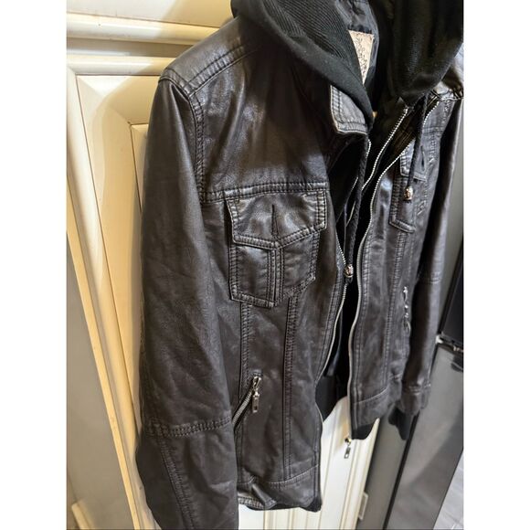 Downtown Coalition Women's Faux Leather Hooded Biker Moto Jacket Black Size XS - Picture 2 of 10